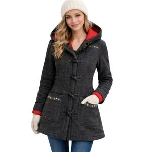 Women’s Hooded Toggle Coat Gray Embroidered Pockets Quilted Lining Jacket Medium